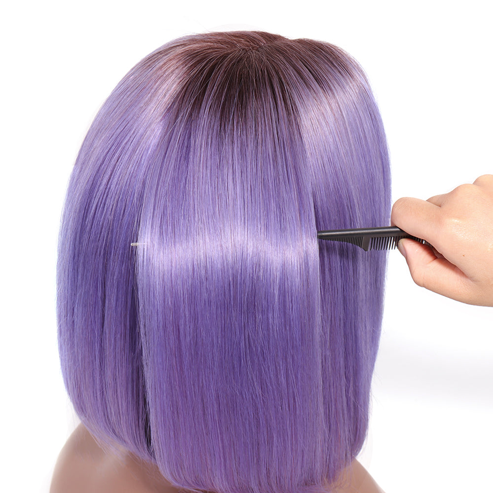 Color T1b/Light Purple Straight Wig 13x4 Front Lace Human Hair Bob Wig