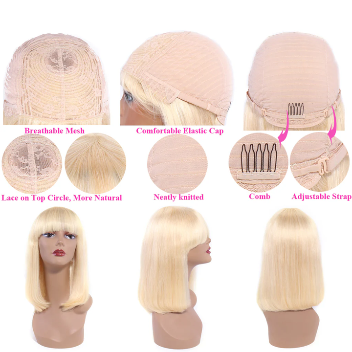 613 Bob Wig with Bangs Glueless 150% Density Brazilian Human Hair None Lace Machine Made Blonde Straight Wigs