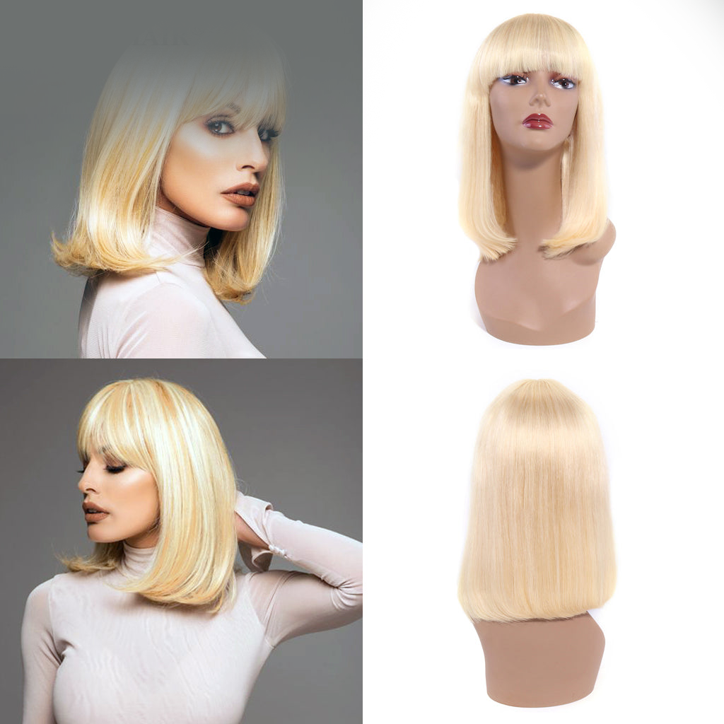 613 Bob Wig with Bangs Glueless 150% Density Brazilian Human Hair None Lace Machine Made Blonde Straight Wigs