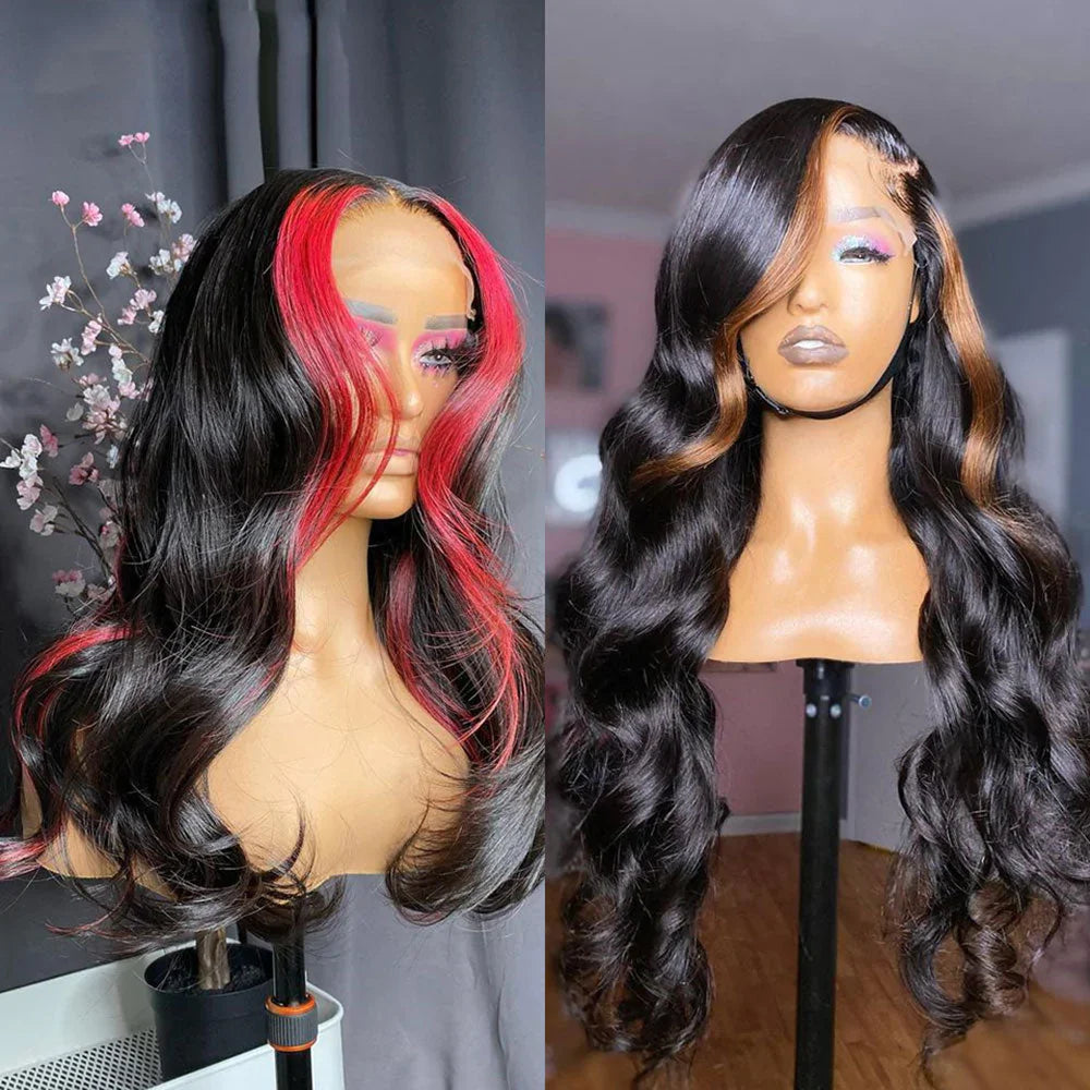 Wine Red Burgundy Color Skunk Stripe Straight Human Hair Lace Front Wigs