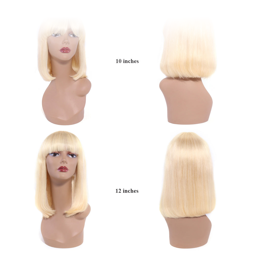 613 Bob Wig with Bangs Glueless 150% Density Brazilian Human Hair None Lace Machine Made Blonde Straight Wigs