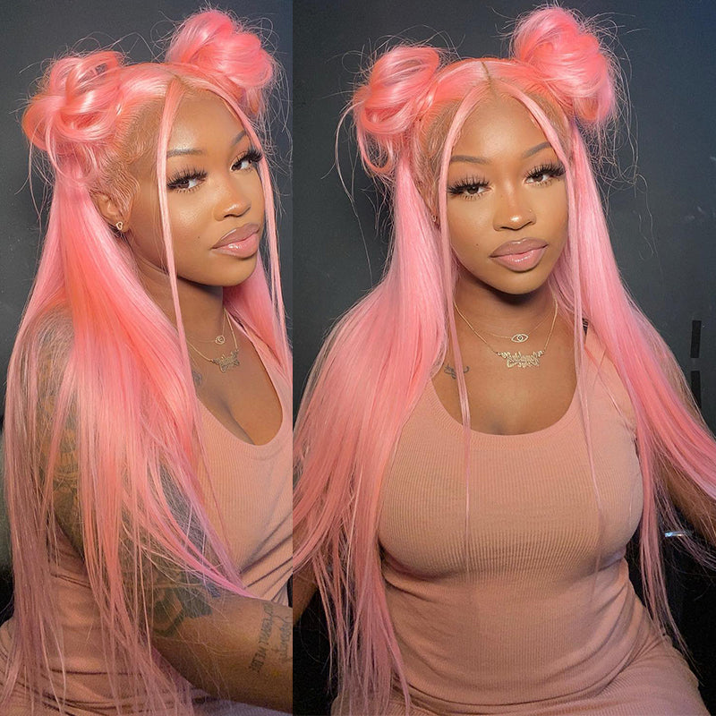 Light Pink Color Human Hair Lace Wig Transparent 13x4 Lace Frontal Wig