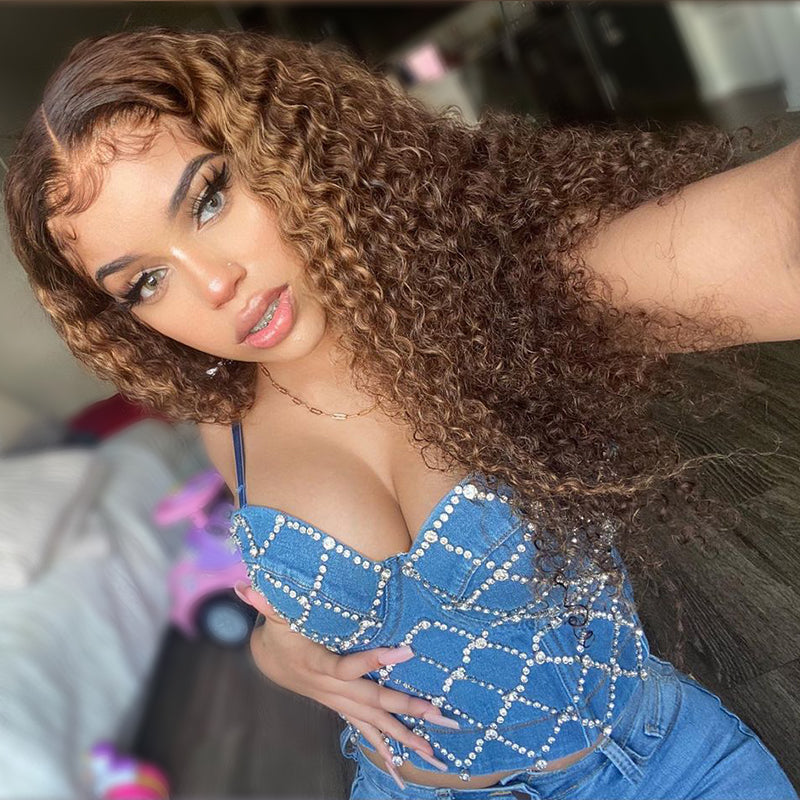 Highlight Color Water Curly Human Hair Lace Front Wig Piano Color Ombre Honey Blonde Human Hair 13x4 Lace Wig