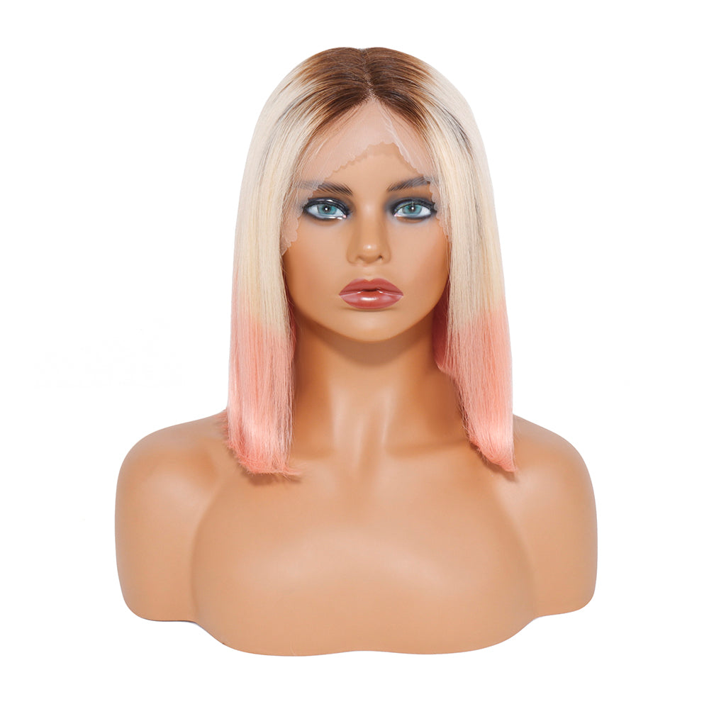 13x4x1 T-Part Lace Front Bob Wig Human Hair Wigs 150% Density Straight T1B/613/Pink Color Short Bob