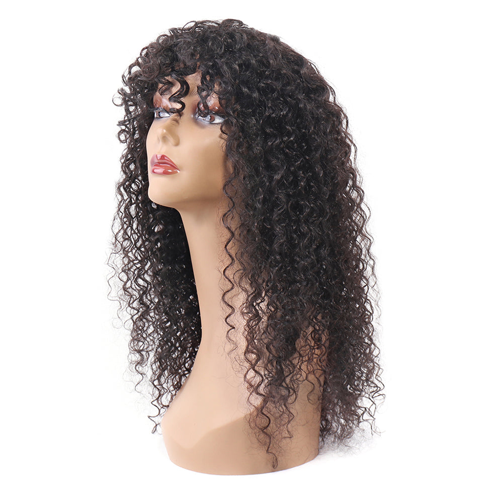 Curly Wave Human Hair Wigs with Bangs Virgin Deep Curly None Lace Front Wigs For Black Women Glueless Machine Made Wigs Natural Black 150% Density