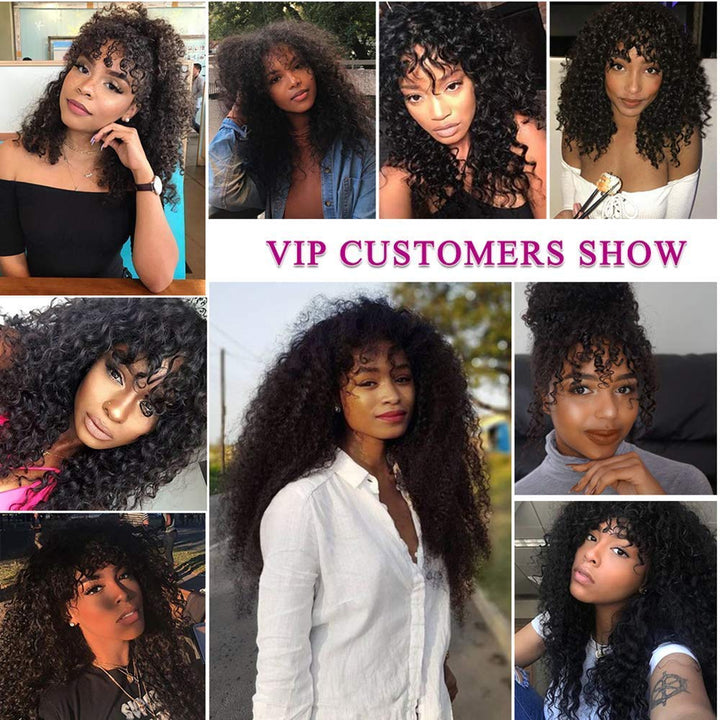 Curly Wave Human Hair Wigs with Bangs Virgin Deep Curly None Lace Front Wigs For Black Women Glueless Machine Made Wigs Natural Black 150% Density