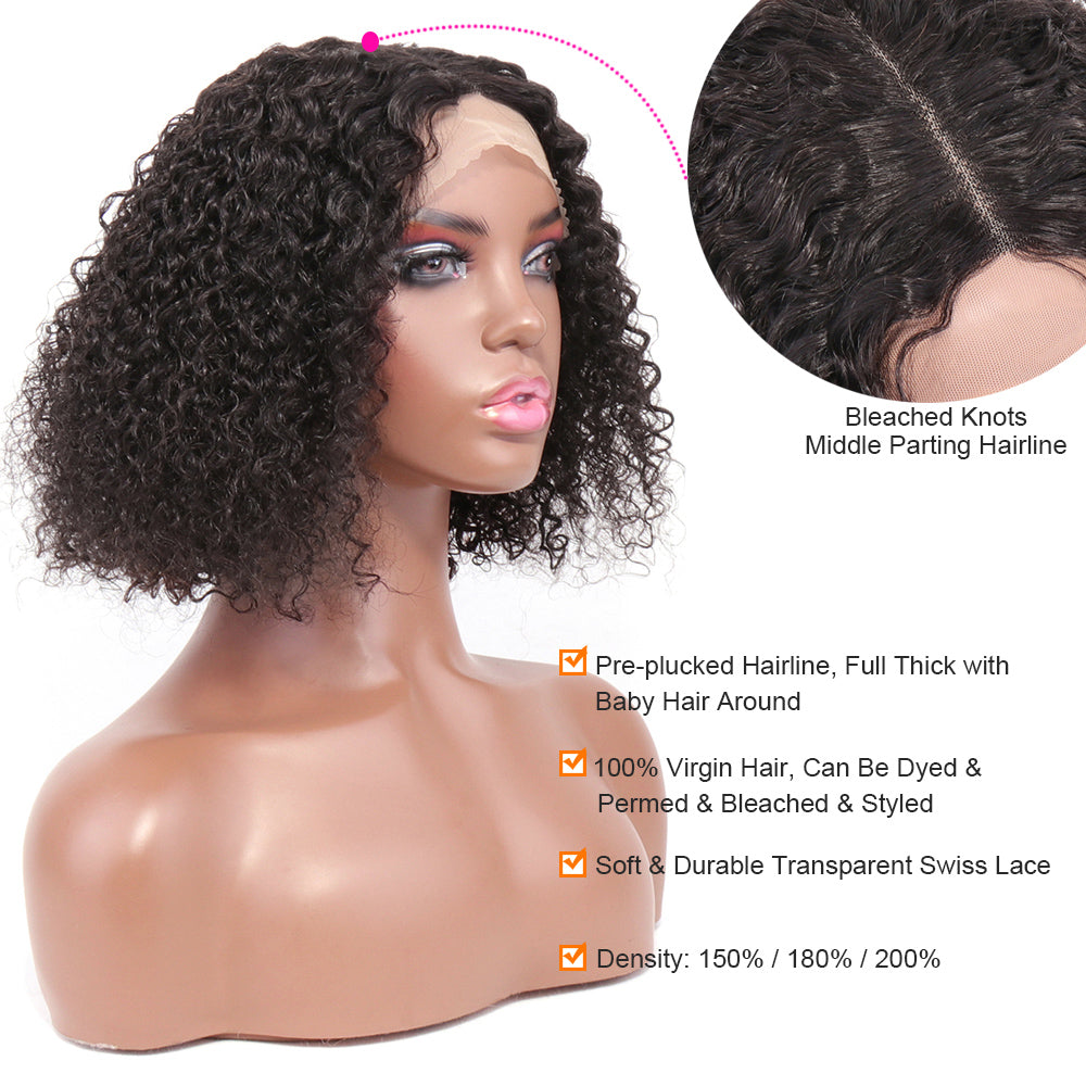 180% Short Curly Bob Wig Lace Front Human Hair Wigs Transparent Lace T Part Kinky Curly Human Hair Wig