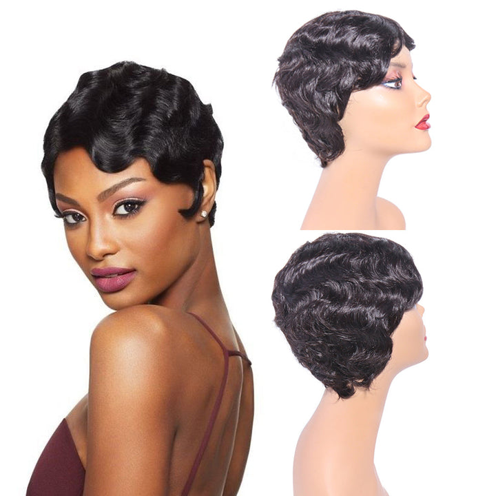 Aosun Short Machine Made Wig None Lace Human Hair Wavy Wigs 130% Density Wear To Go